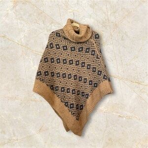 Fratelli Italian Alpaca Wool Blend Tan & Blue Shawl Poncho One Size